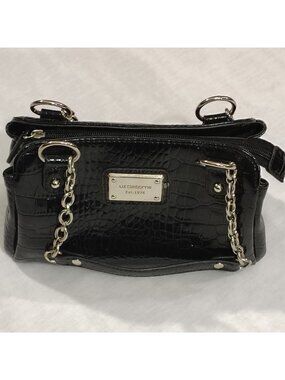 Liz Claiborne Handbag Purse Black 9"x6" Faux Croc Leather Shiny Pockets Chain